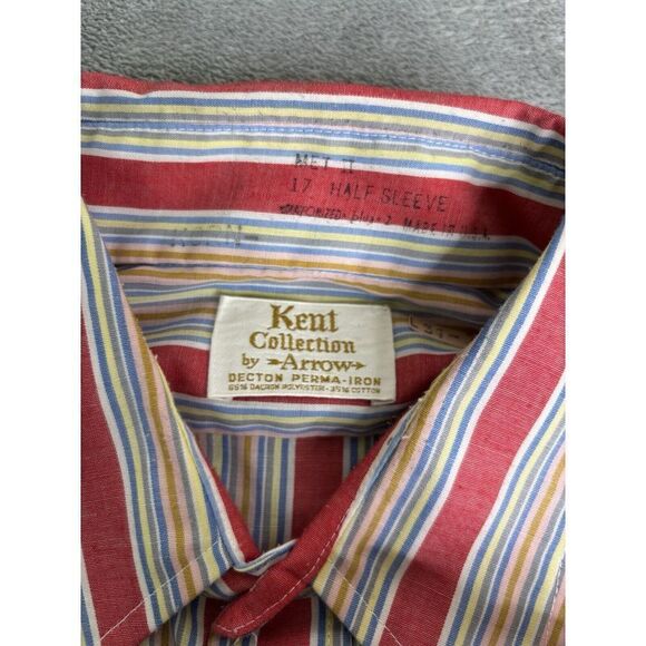 Vintage 60s Arrow Short Sleeve Striped Button Down Shirt Men's Size 17 Red - Picture 5 of 10